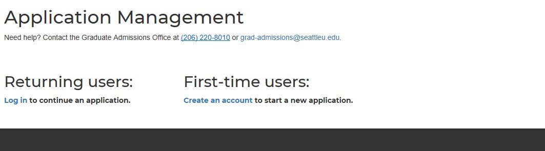 Screenshot of the Application Management login page showing options for returning users to log in and for first-time users to create an account, along with Graduate Admissions contact information at the top.
