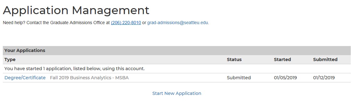 Screenshot of the Application Management dashboard showing a table of existing applications with program name, status, start date, and submission date, and a link to start a new application.