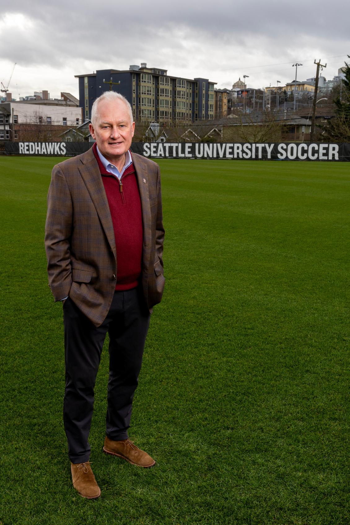 Pete Fewing standing on soccer field