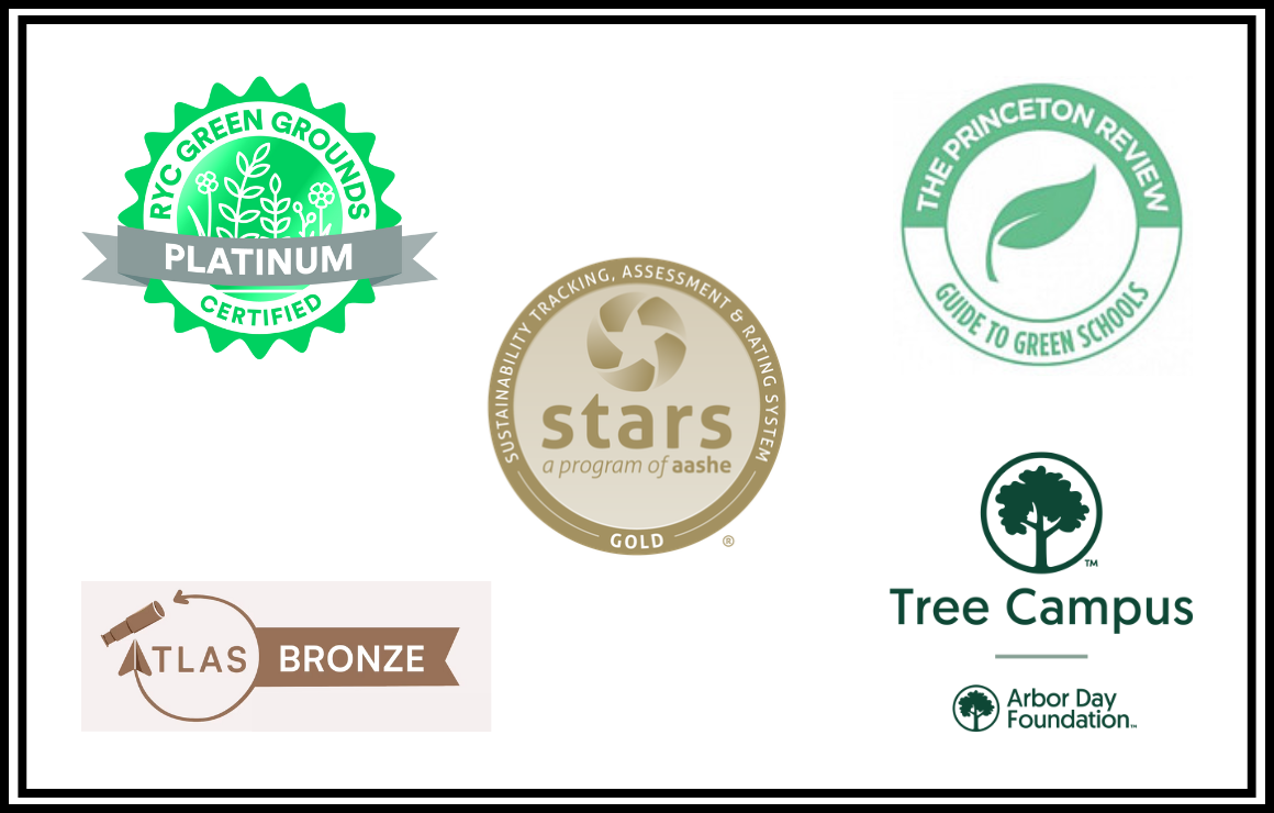 Graphic showing RYC Green Grounds Platinum Certified Logo, Atlas Bronze logo, STARS Gold logo, The Princeton Review Guide to Green Schools logo, Tree Campus Arbor Day Foundation logo