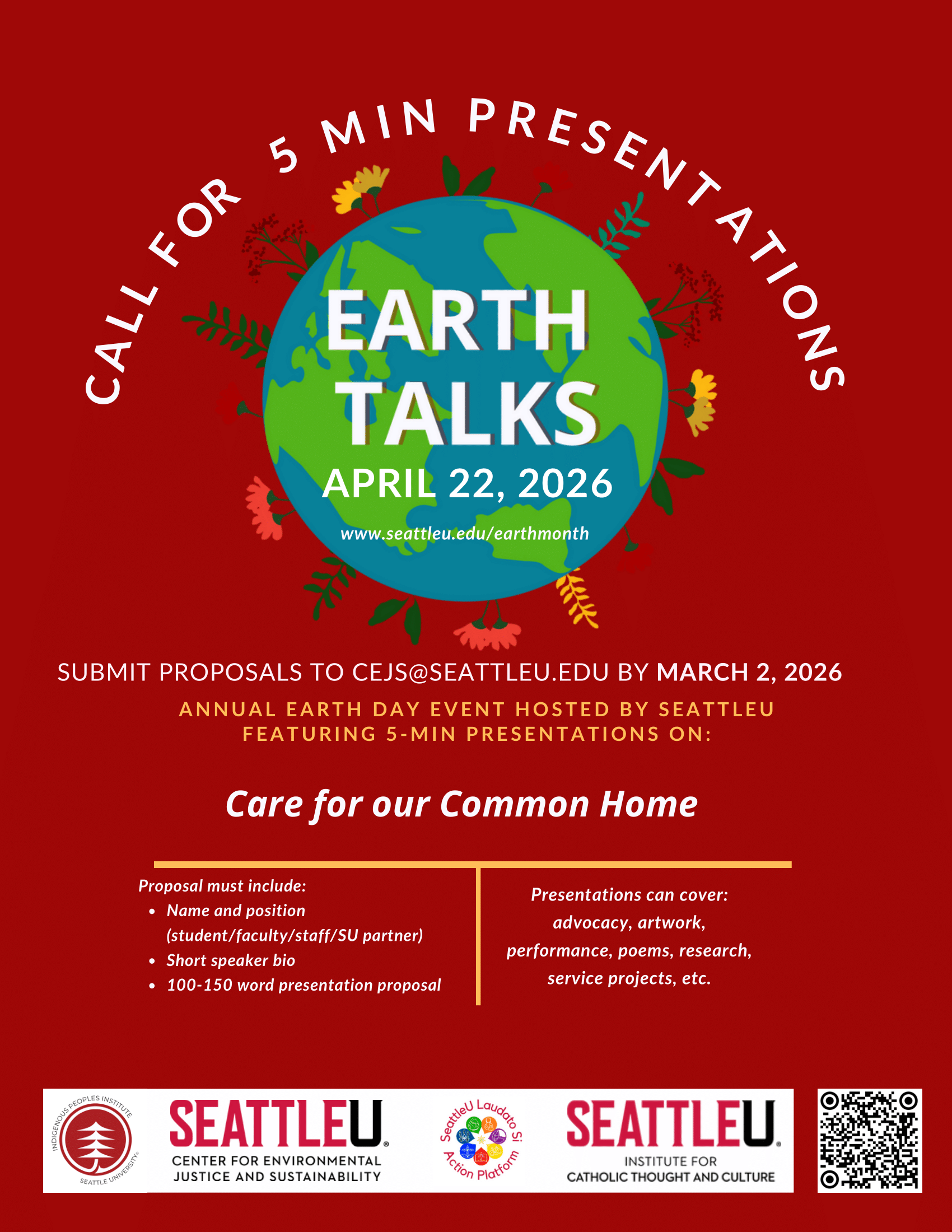 Flyer for call for Earth Talks, April 22 2026, Submit proposals by March 2 2026 to cejs@seattleu.edu