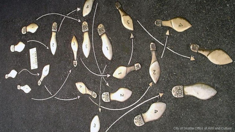 Photo of bronze dance steps embedded in the sidewalk of Broadway near campus