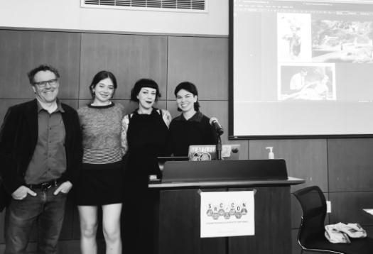 Professor Ken Allan stands with three AVCS students who presented their research at SRCcon.