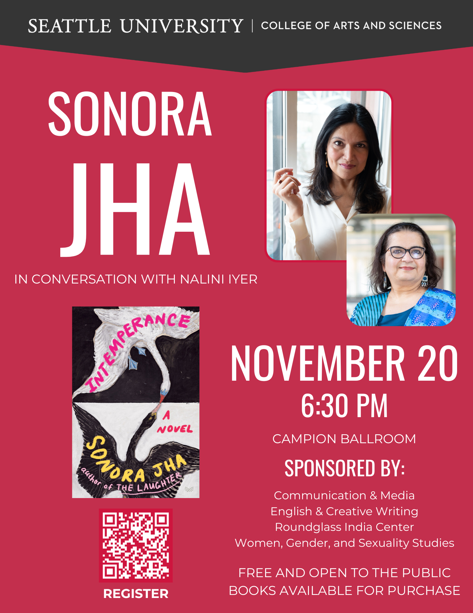 an event flyer for november 20 2025 sonora jha in conversation