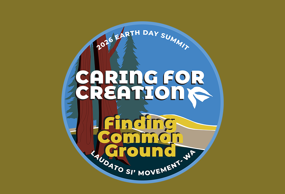 Finding Common Ground flyer. Landscape of water and trees on a circle. Letters read title and subtitle of event.