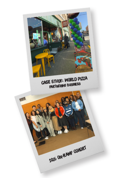 Polaroid style photos of the On-Ramp Cohort and a small business supported by On-Ramp students