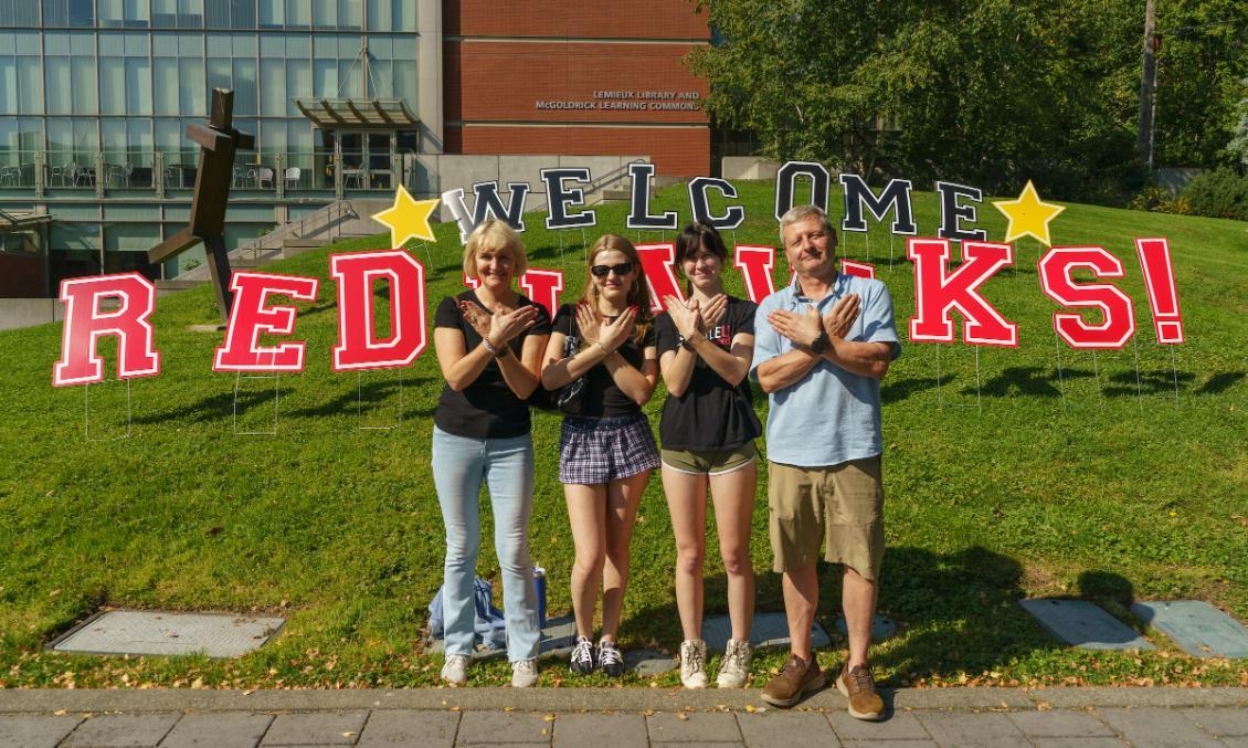 redhawks move in front of library