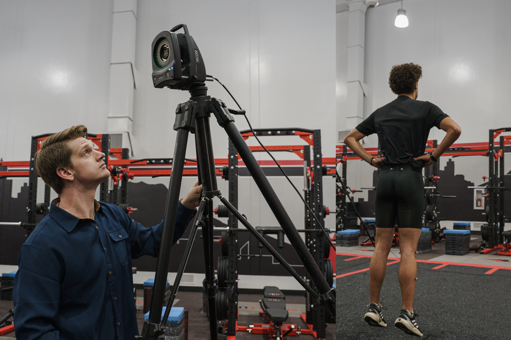 A professor and student test equipment studying the movement of an athlete for the kinesiology department