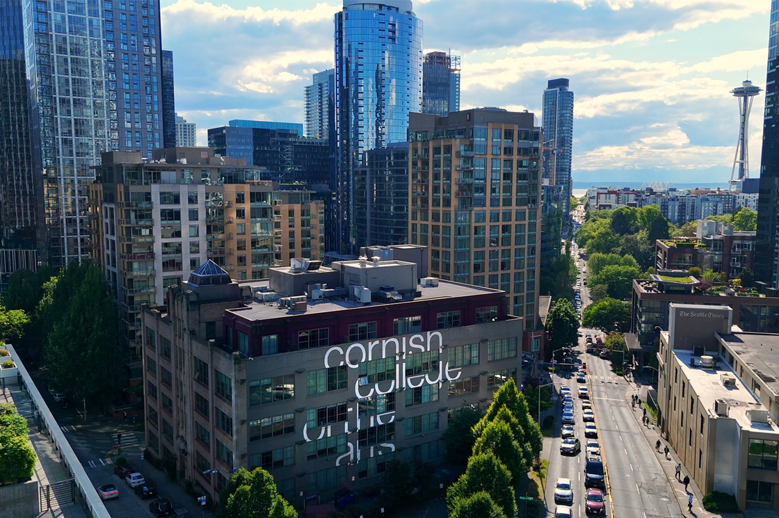 A drone photo of Cornish College of the Arts