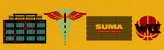 Illustration of Cornish campus building, nursing symbol, Seattle Museum of art, and the WCC logo with a basketball