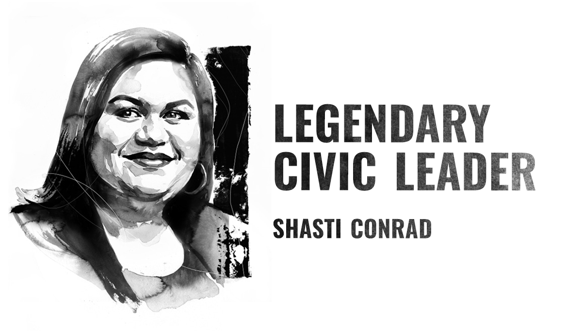 A black and white illustration of Shasti Conrad