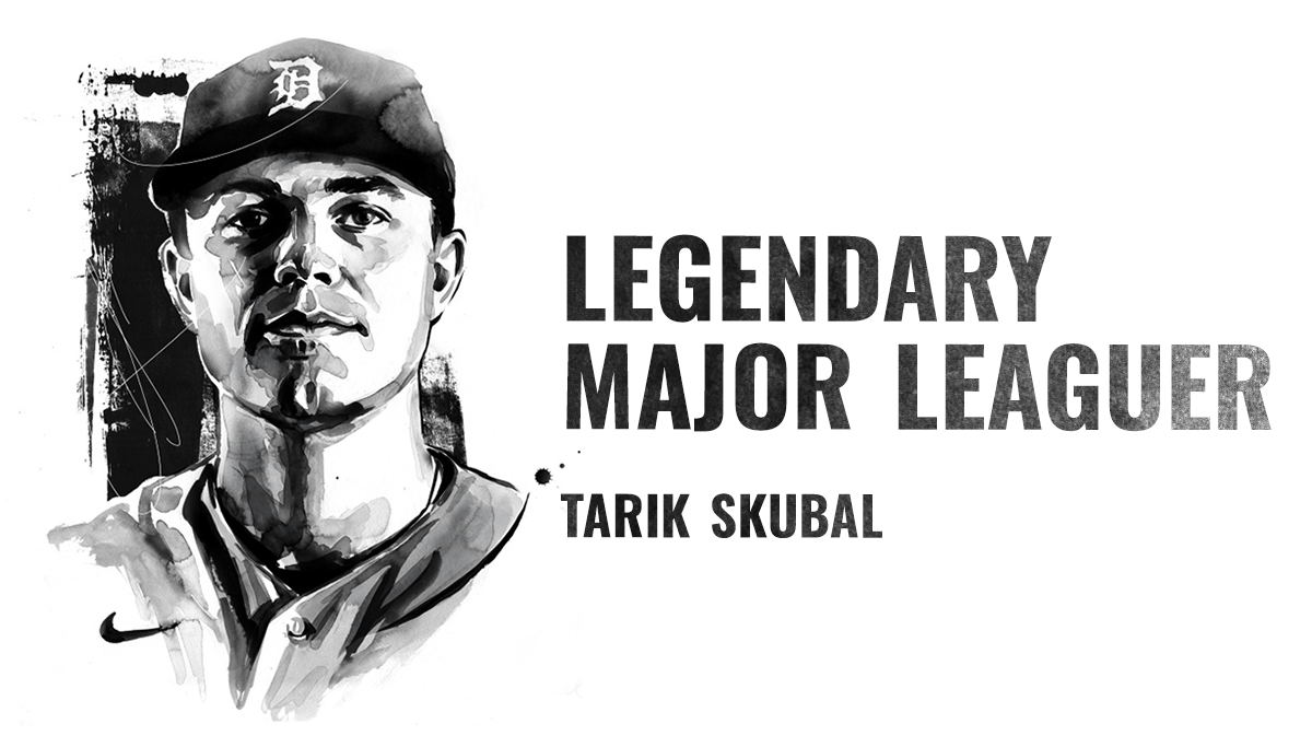 A black and white illustration of Tarik Skubal