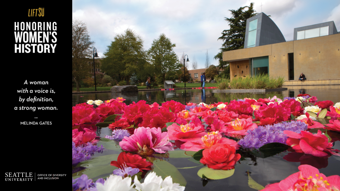 Zoom Background Image. Titled Honoring Women's History Month. Quote from Melinda Gates stating 