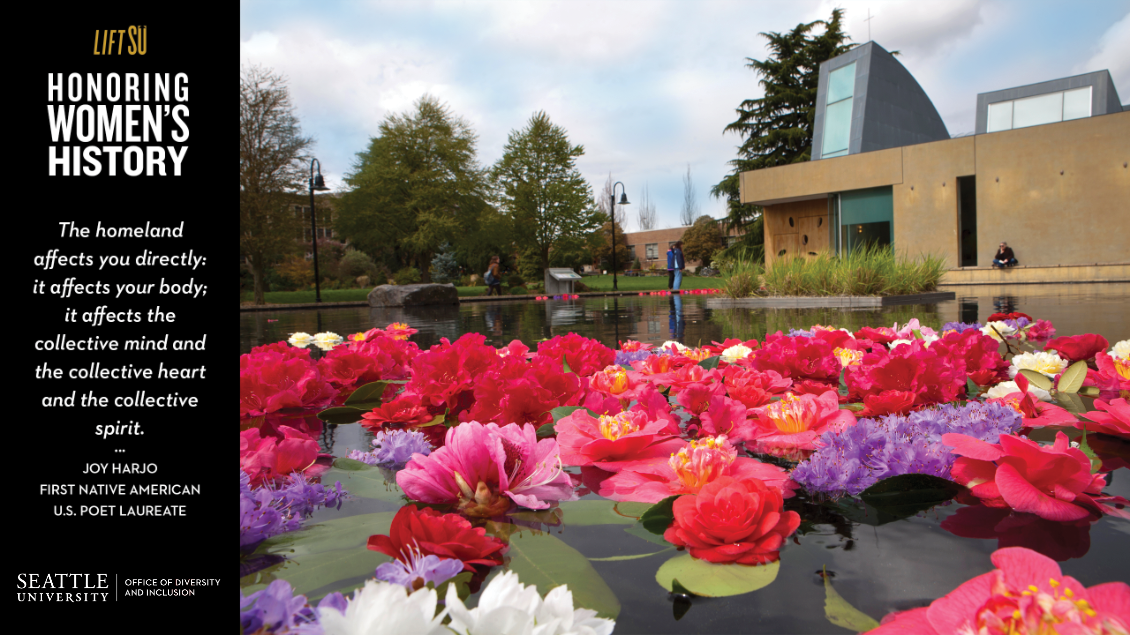 Zoom Background Image. Titled Honoring Women's History Month. Quote from Joy Jarjo, first Native American U.S. Poet Laurate stating 