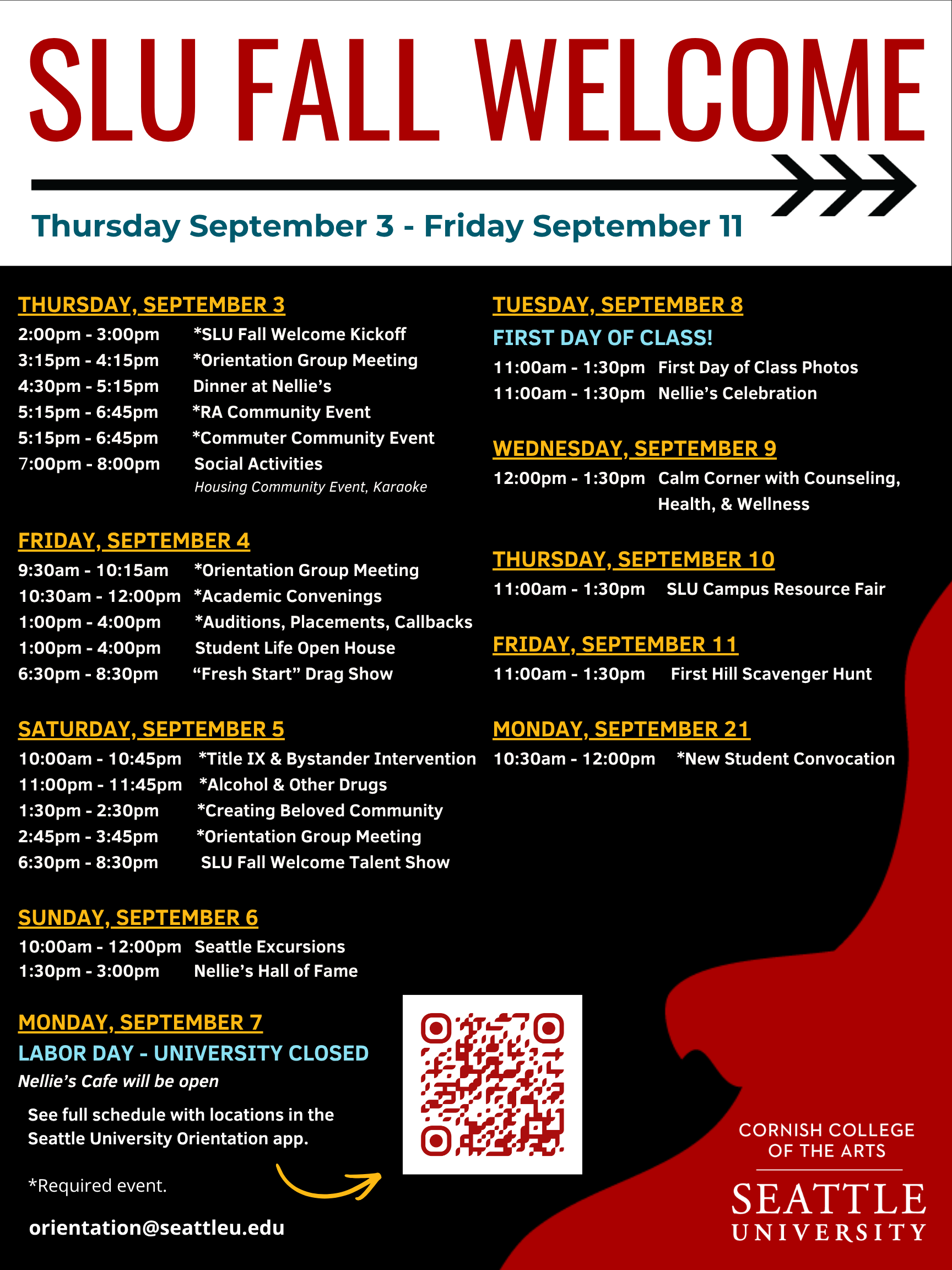 poster of SLU fall welcome event dates and times