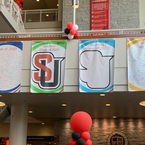 Signed incoming class banners hung in the student center