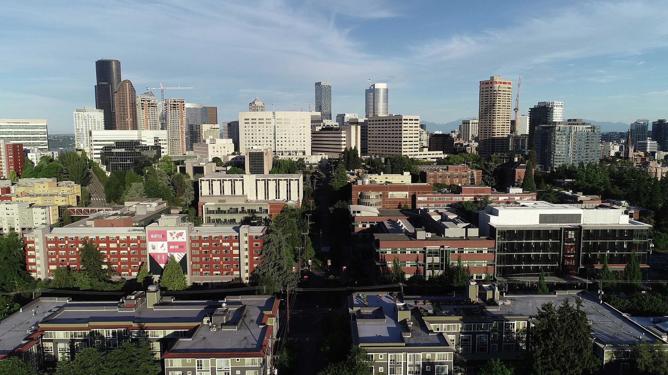 Aerial view of Seattle University in the morning