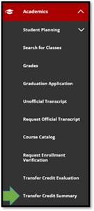 A screenshot of the mySeattleU menu. A green arrow is pointing to the Transfer Credit Summary tab, which is located under the Academics section. The Academics section has a graduation cap icon