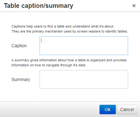 Screen shot of how to add a table caption and table summary for more accessible tables
