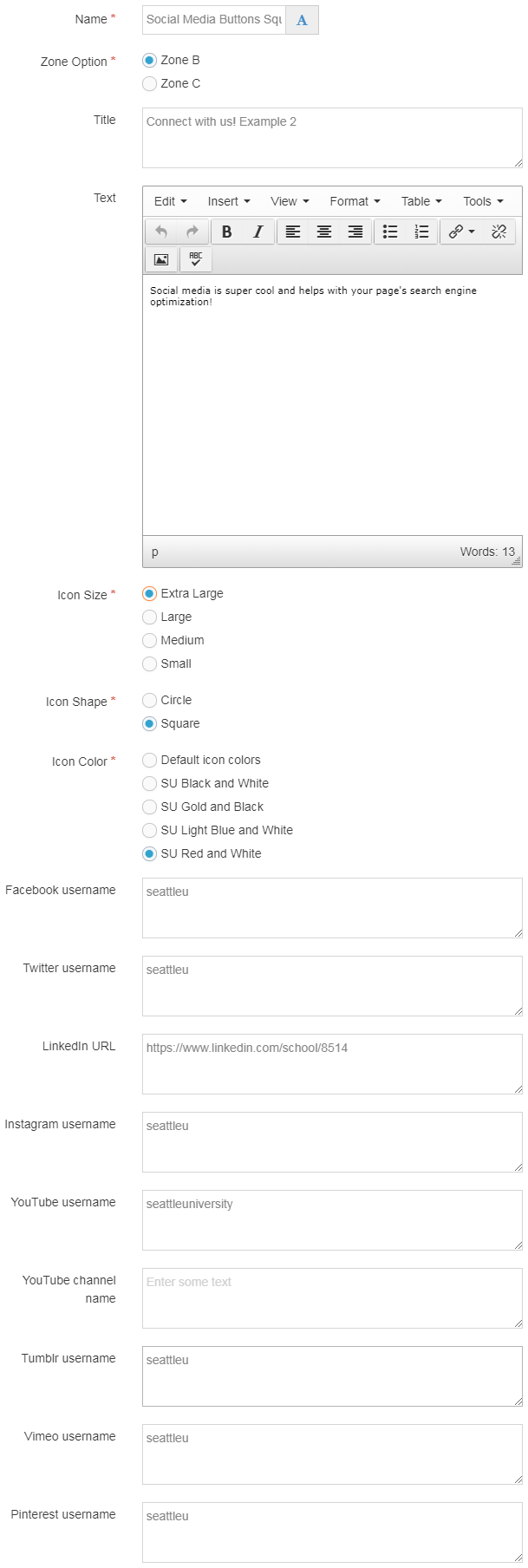 Screen shot of Social Media Buttons content type