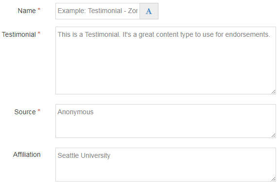 Screen shot of Testimonial Content Type