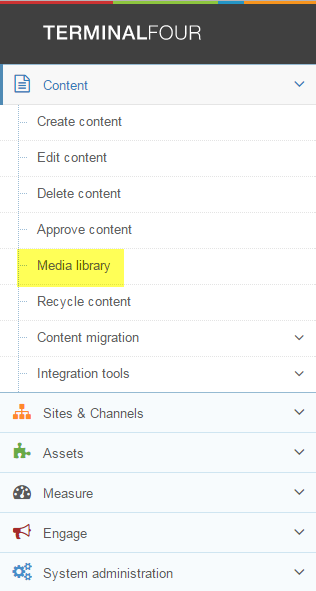 Screen shot of how to navigate to the Media Library from the Dashboard menu