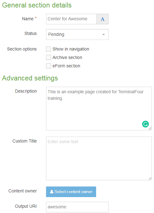 Screen shot of how to create a new section by giving section a name and filling out general section details