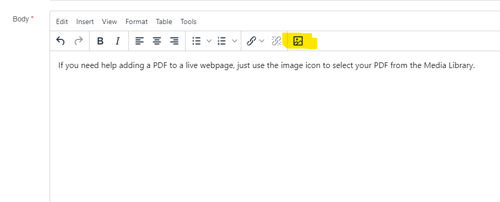 The Image Icon in the HTML Editor will allow you to load files and images from the media library.