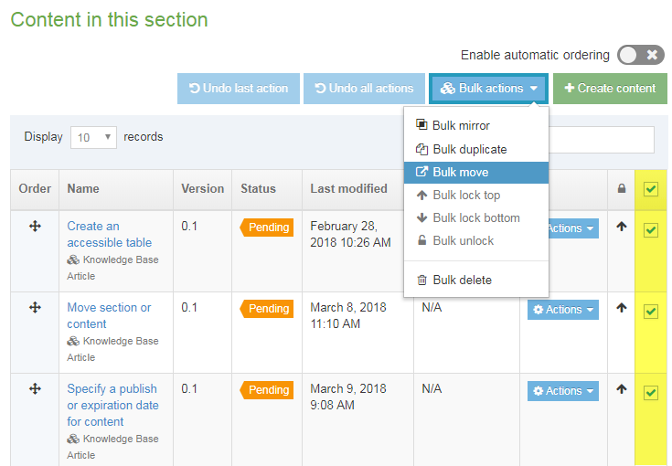 Screenshot of how to bulk move content items using bulk actions