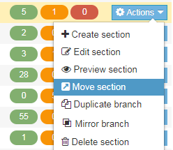 Screenshot of how to move a section in site structure using Actions - Move section