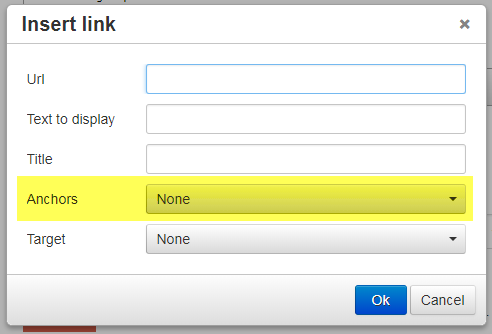 Screenshot of how to insert a link to a named anchor within the same content item