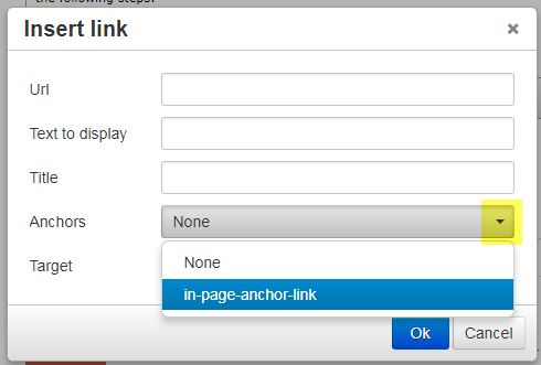 Screenshot of how to insert a link to an anchor within the same content item from drop-down