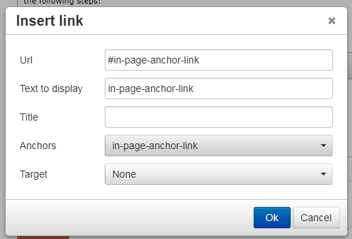 Screenshot of how to insert link to anchor within the same content item using 