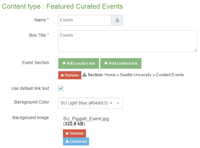 Screenshot of how to use the Featured Curated Events content type - v9