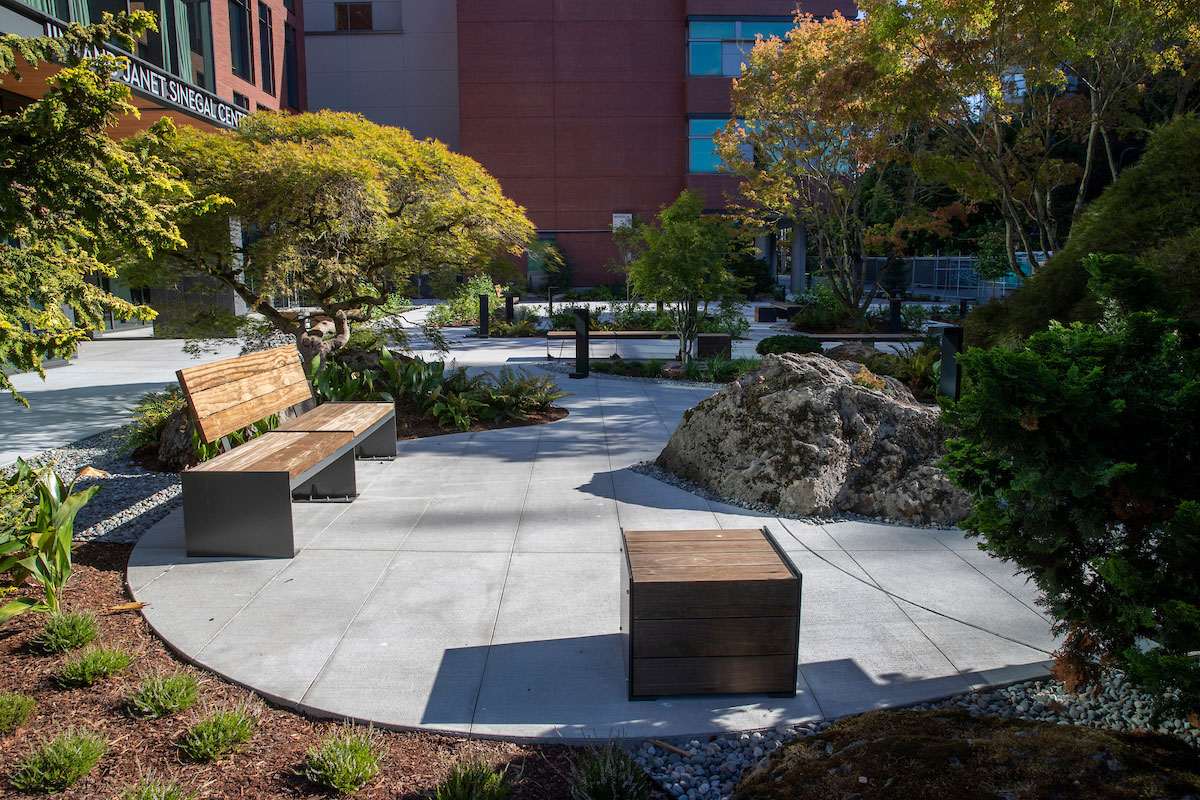 Trees and wooden benches dot the courtyard outside of the Sinegal Center