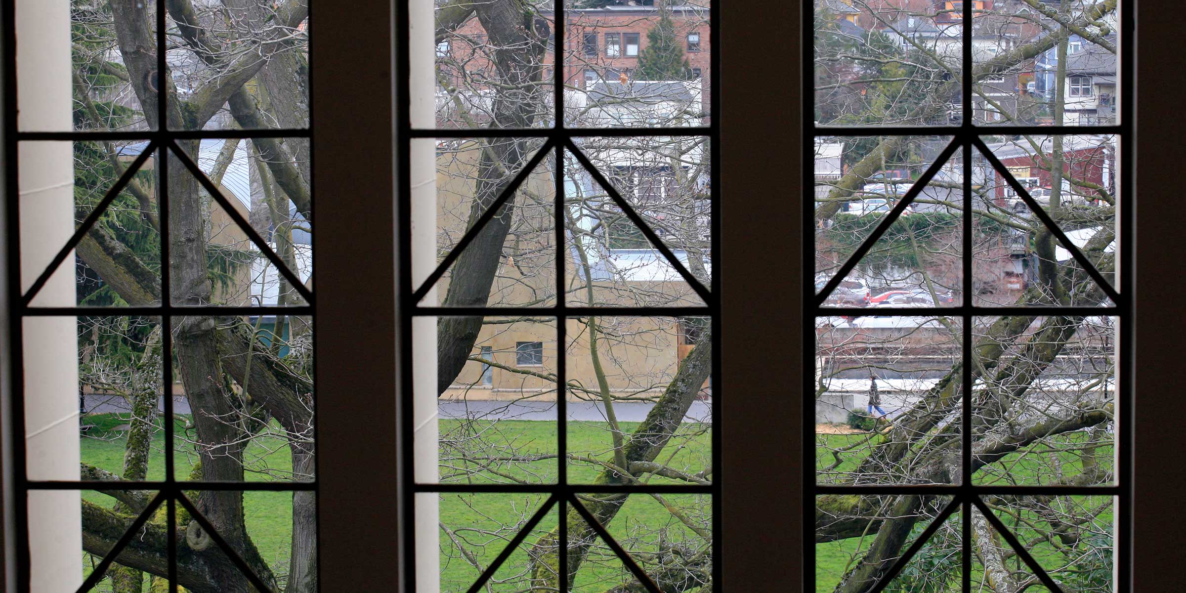 Looking out through the windows of the administration building toward the chapel