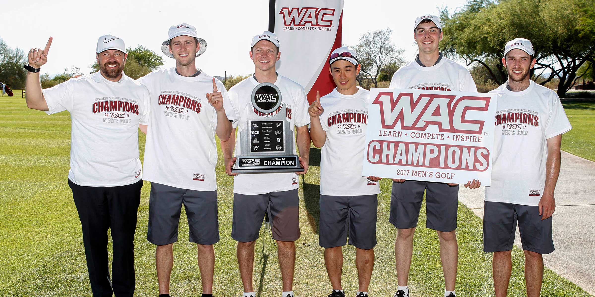 Men's Golf Team holding the WAC Championship Trophy