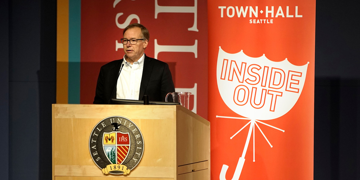 Journalist Steve Coll speaking at Town Hall hosted by Seattle U