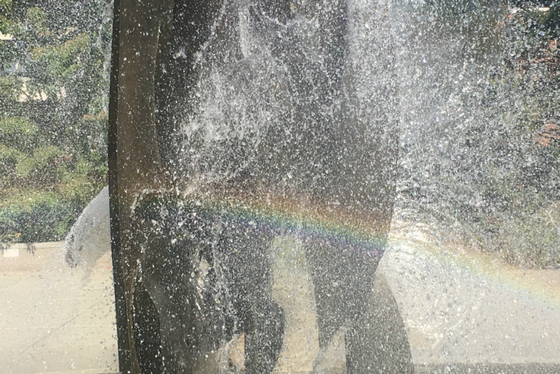 Rainbow by the fountain in the Quad