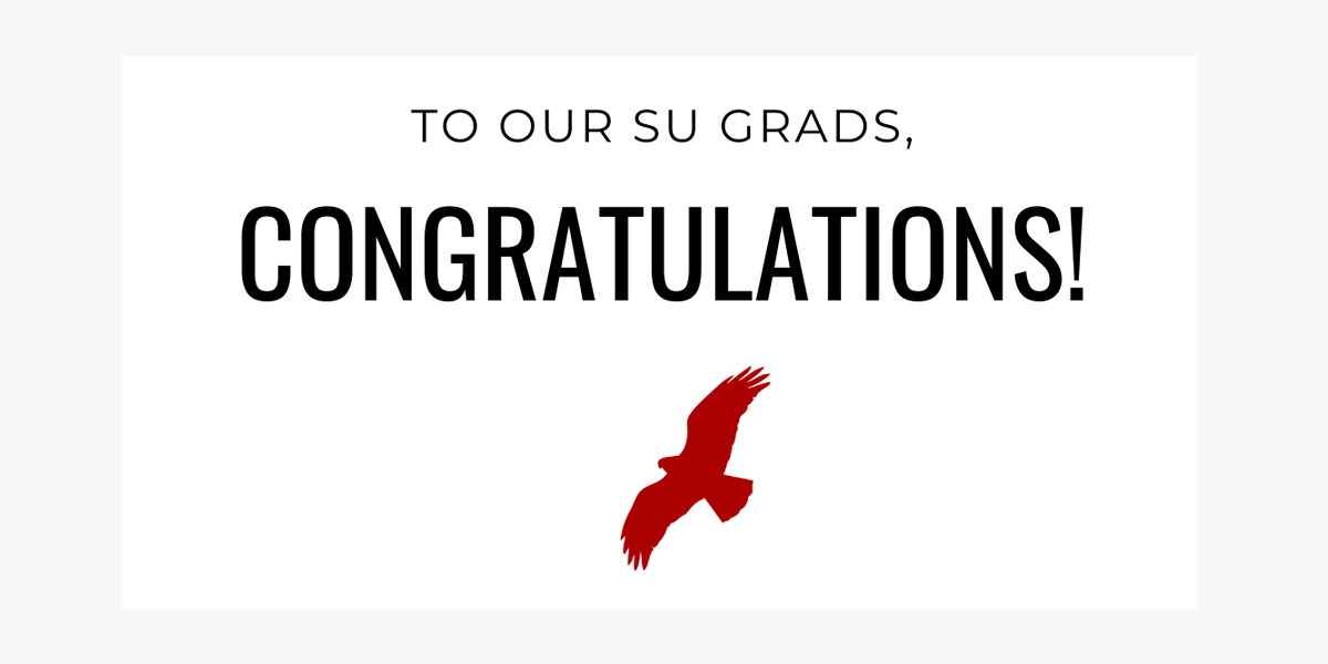 Text that reads "To Our SU Grads, Congratulations" above a Redhawk graphic.