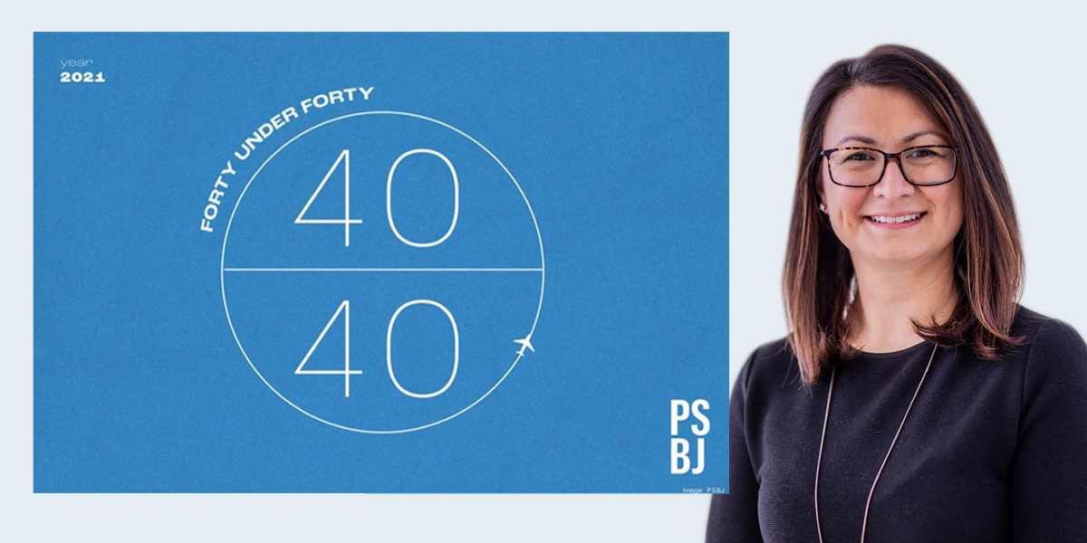 Graphic on left reads " Year 2021. Forty Under Forty." Photo of Renee Rassilyer-Bomers on right.