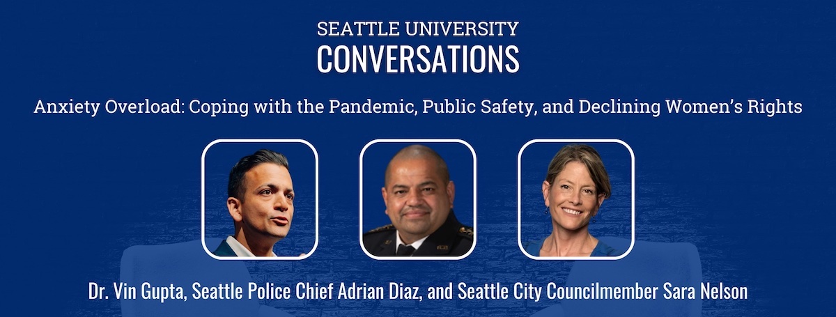 Graphic featuring photos of Dr. Vin Gupta, Sara Nelson and SPD Chief Adrian Diaz.