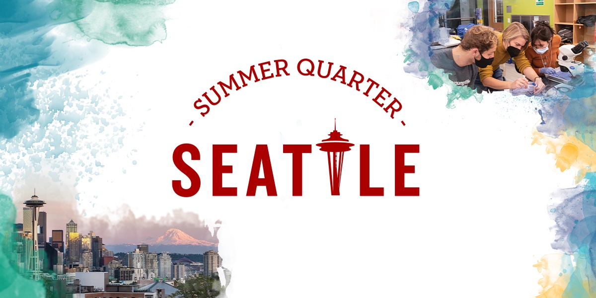 Graphic featuring the logo for summer quarter in Seattle plus photos on each corner.