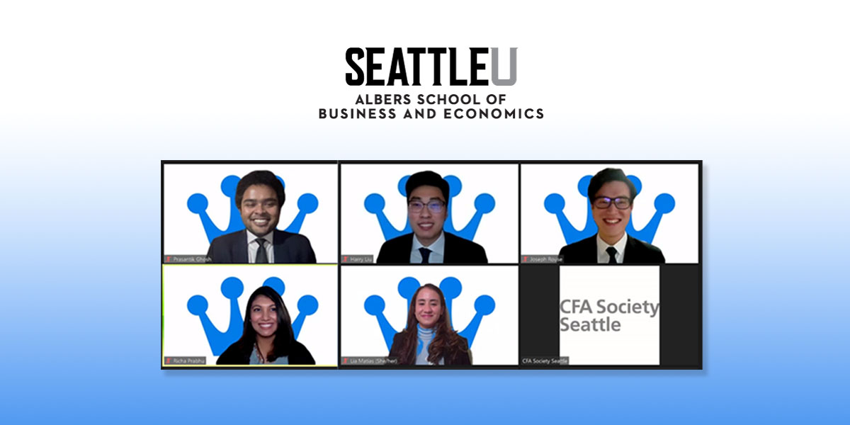 Screenshot of Zoom call featuring CFA team members. Bottom square reads CFA Society Seattle.
