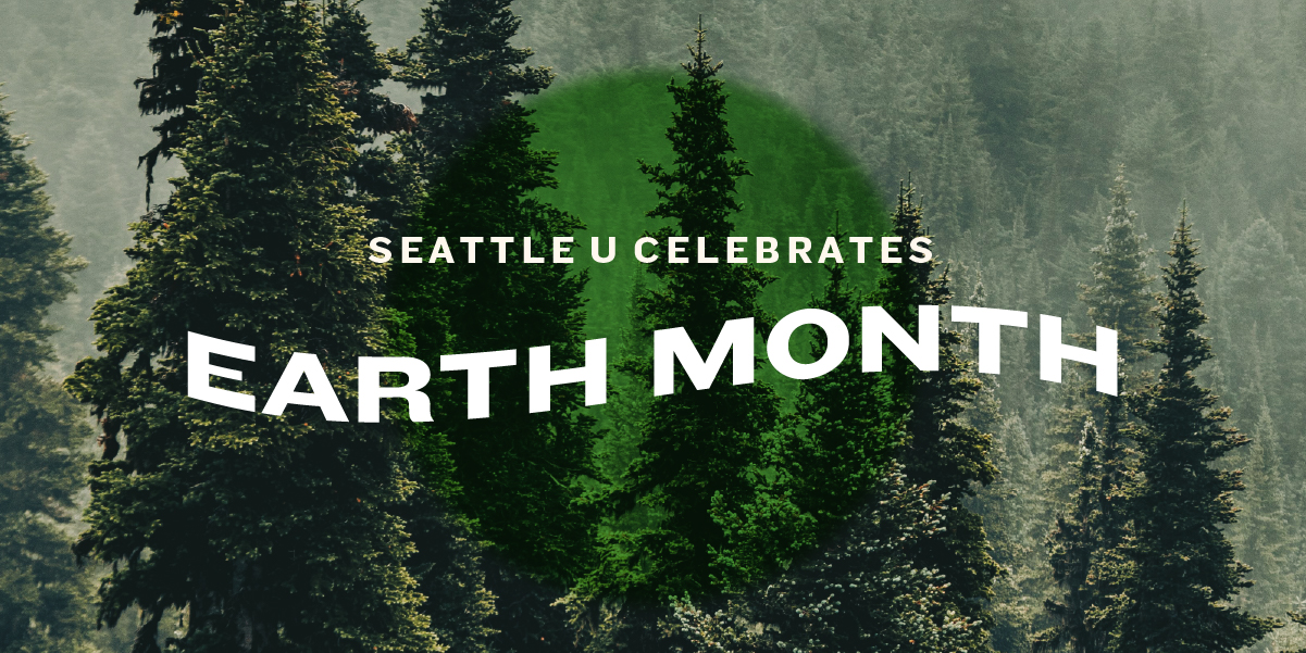 A graphic featuring Earth Month at SU with trees.