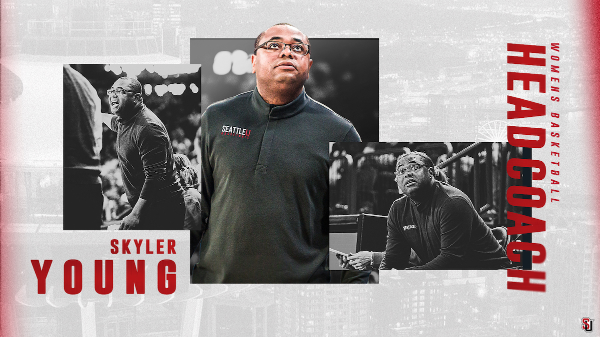 A graphic featuring a photo of new women's basketball coach Skyler Young.