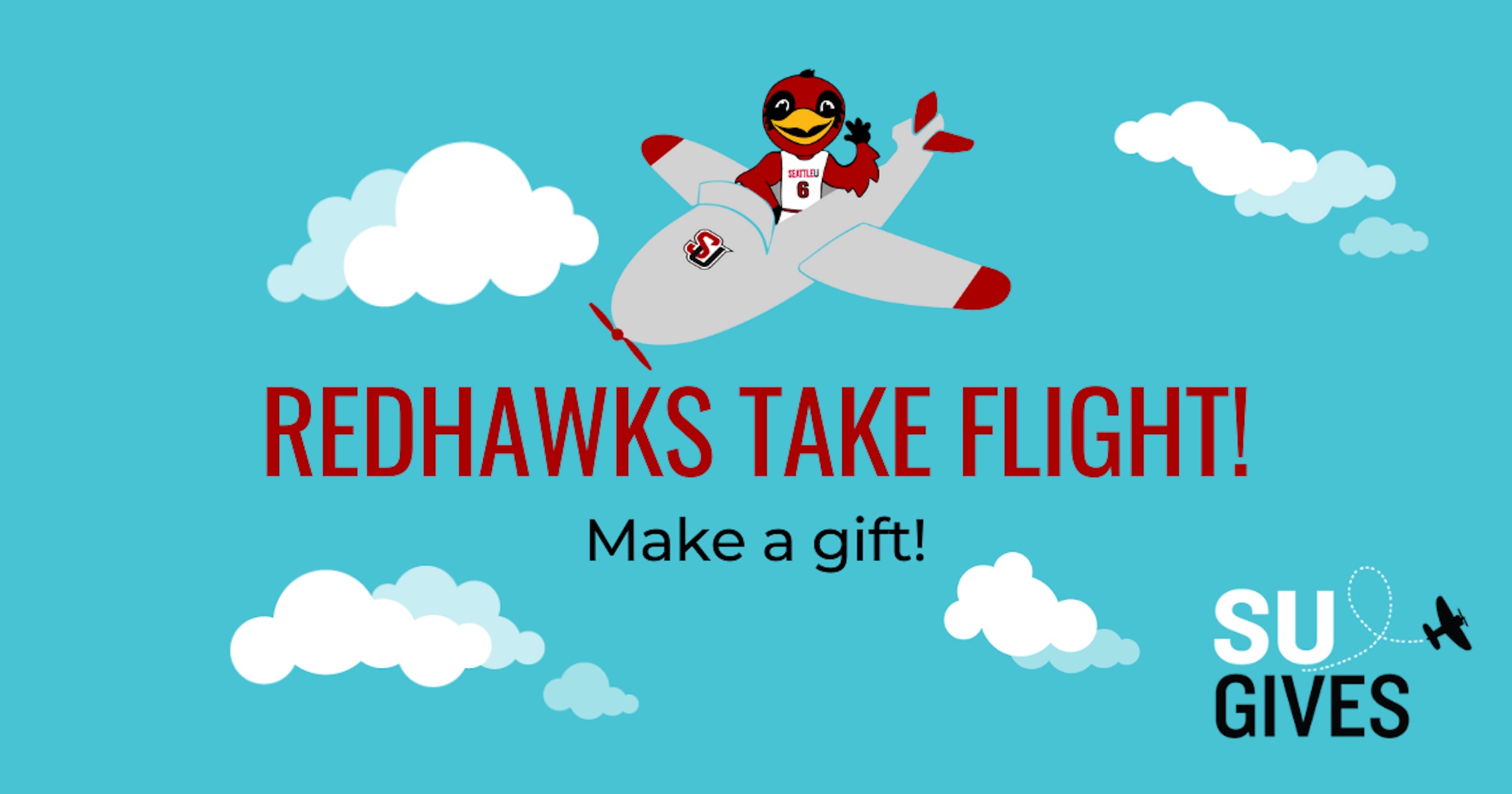 A graphic featuring Rudy the Redhawk flying as part of Seattle U Gives campaign. 