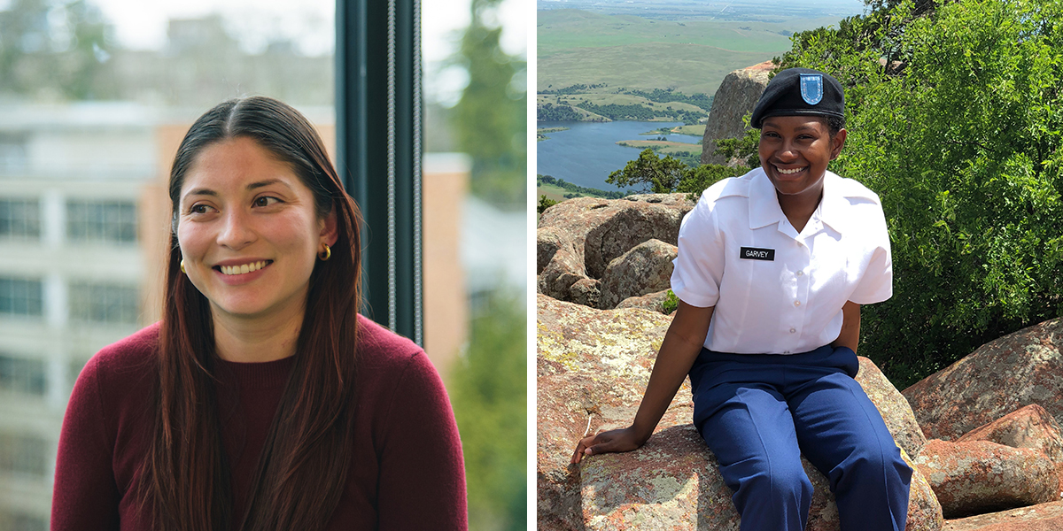 Graphic featuring two photos of student vets as part of Women's History Month.
