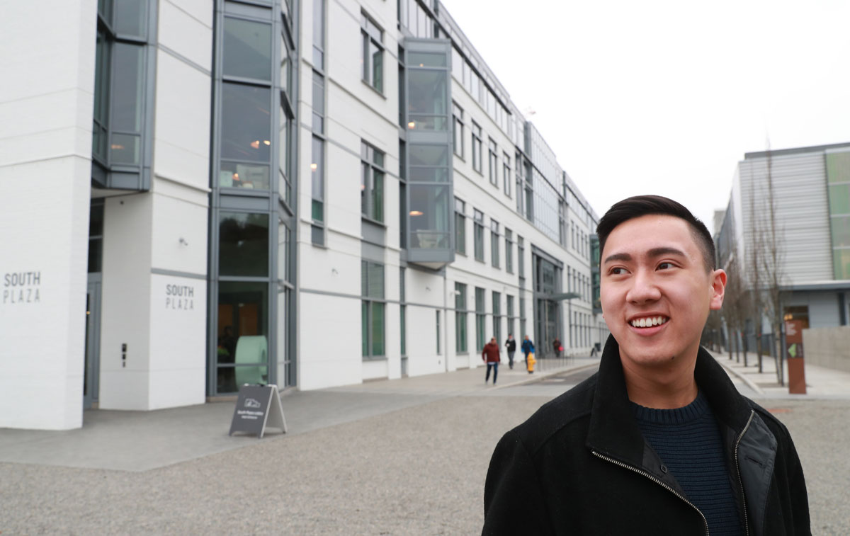   Brian Le ’19 in the plaza of Expedia in Seattle