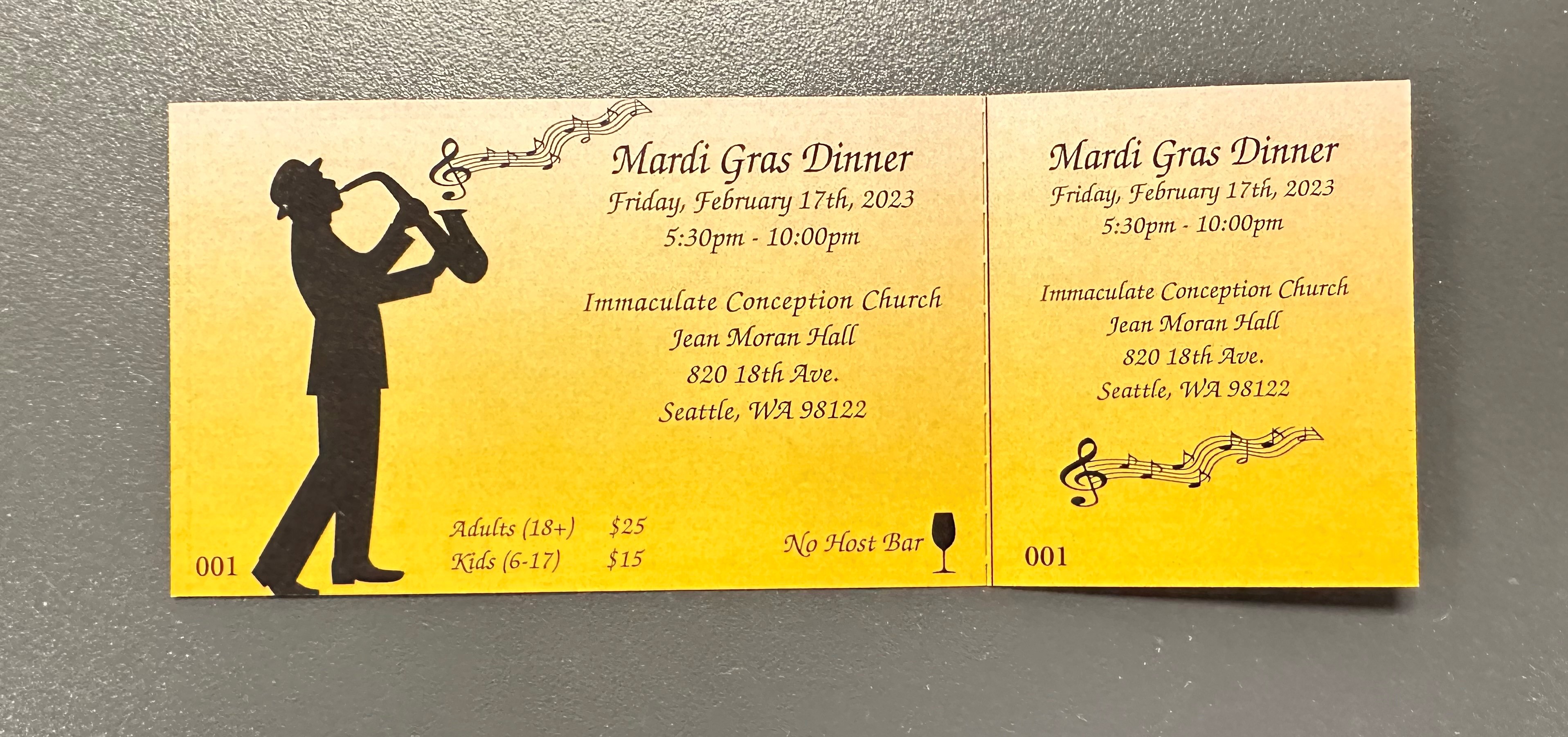 Immaculate Conception Church Mardi Gras Ticket